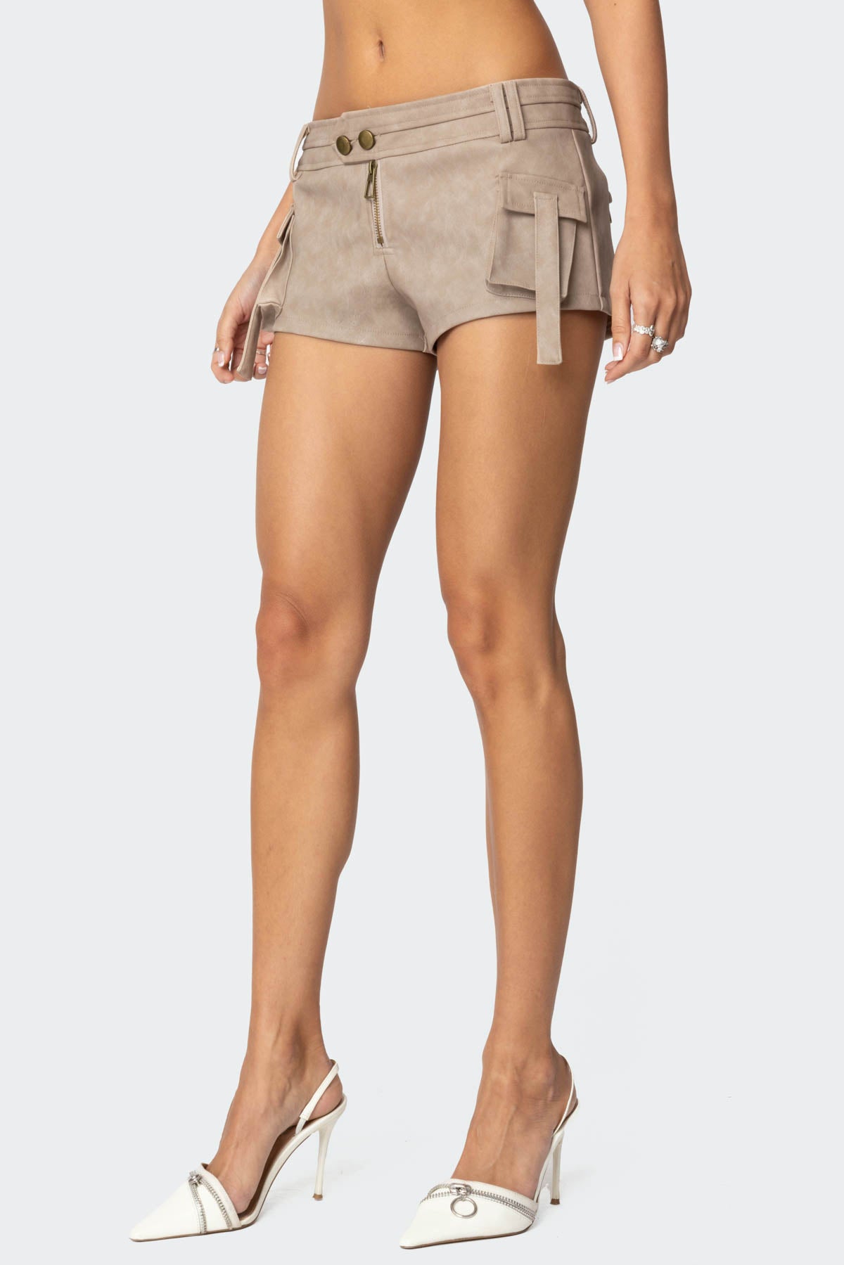 Washed Faux Leather Micro Cargo Shorts - Image 3