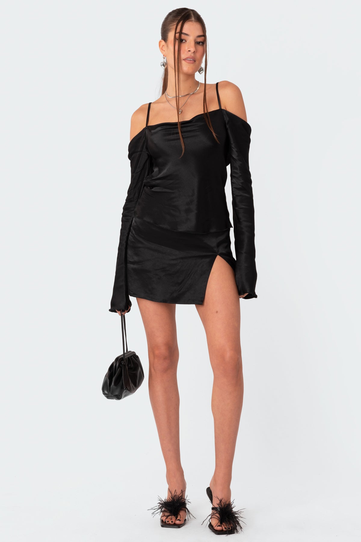 Adria Satin Effect Low Rise Slitted Mini Skirt