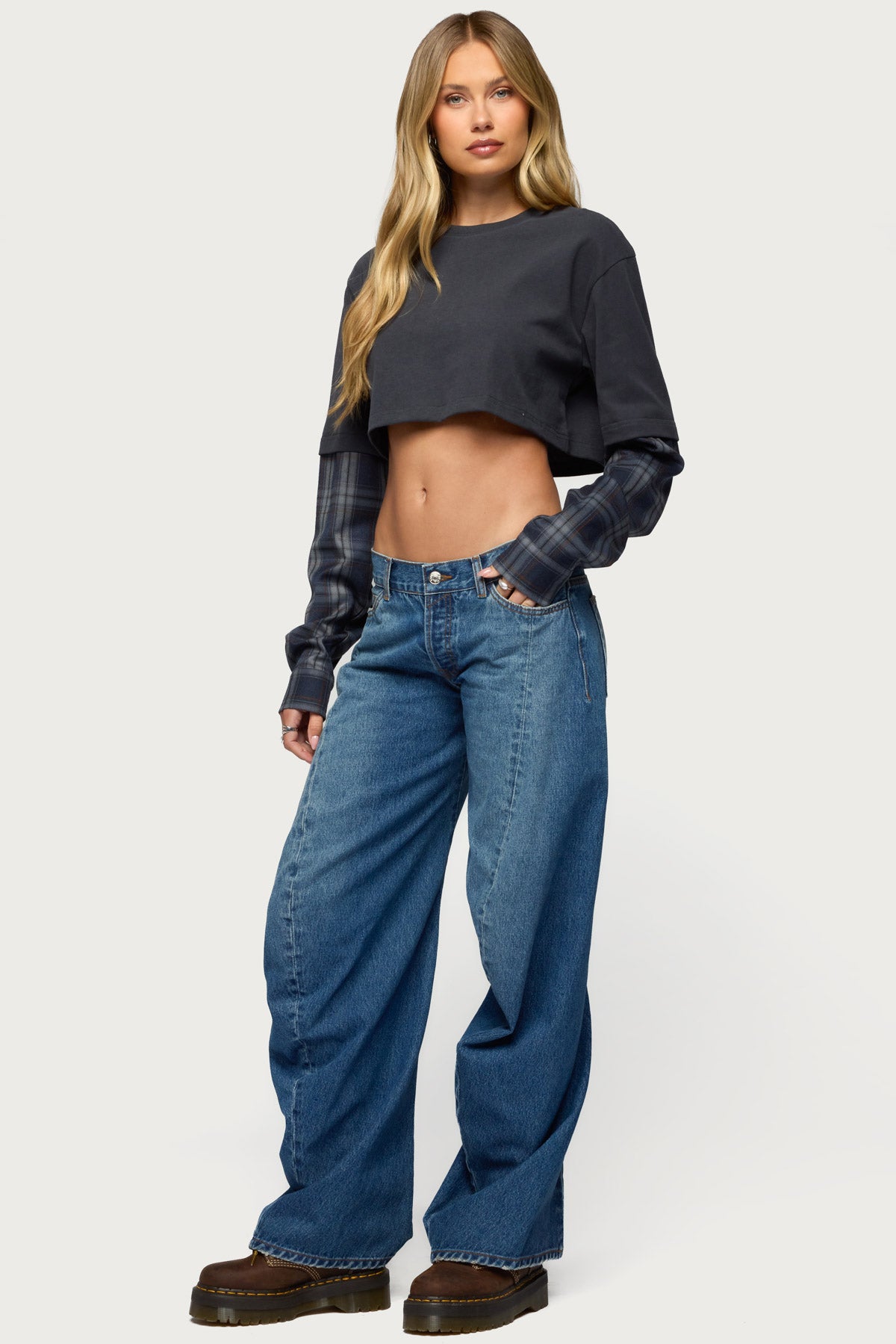 Plaid Sleeves Layered Crop Top - Image 4