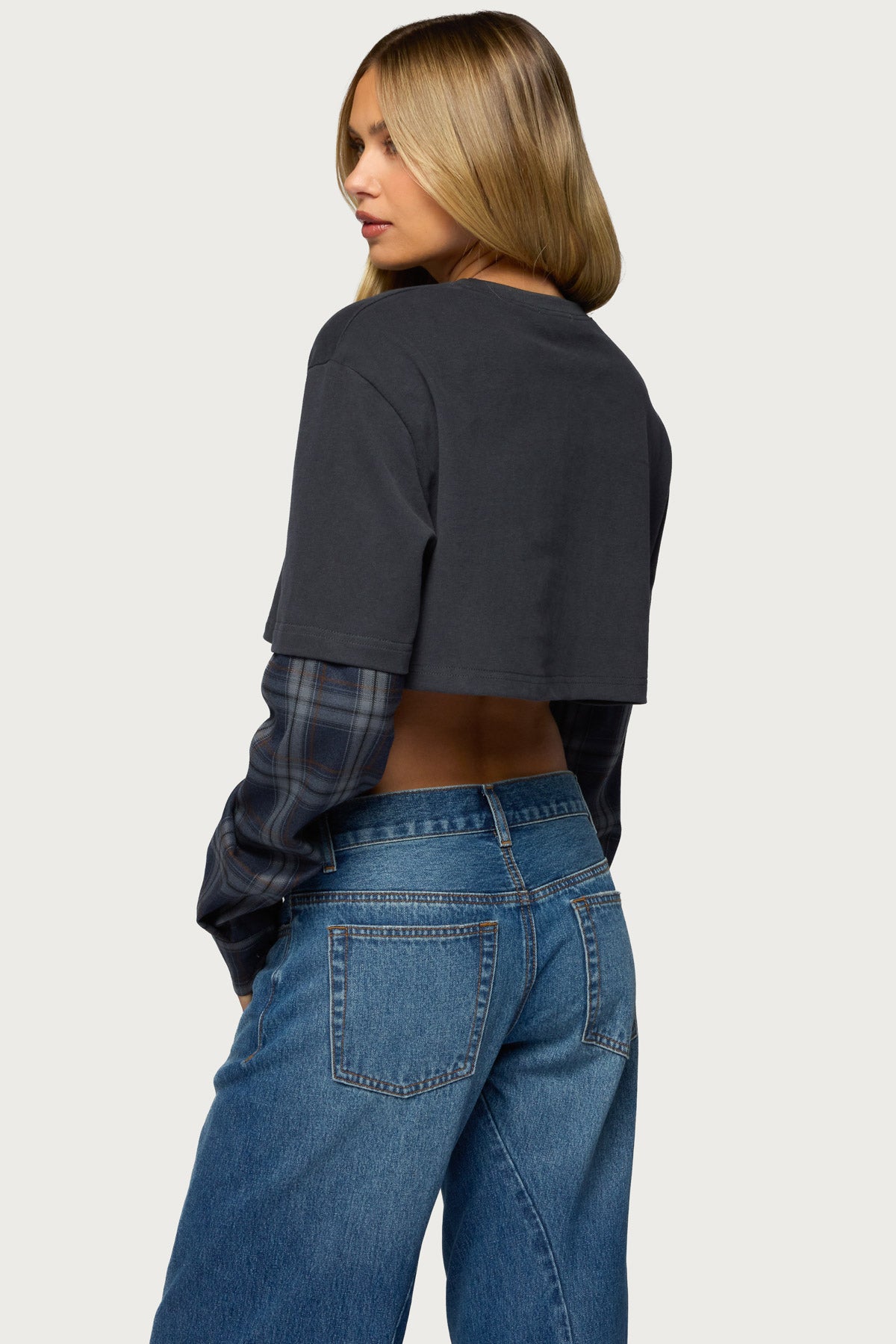 Plaid Sleeves Layered Crop Top - Image 5