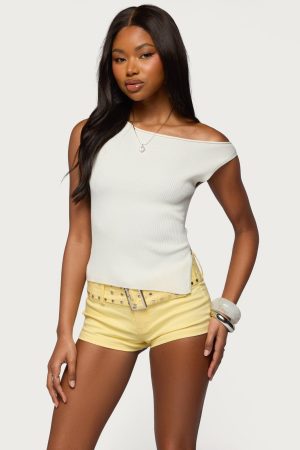 Myrah Asymmetric Off Shoulder Ribbed Knit Top
