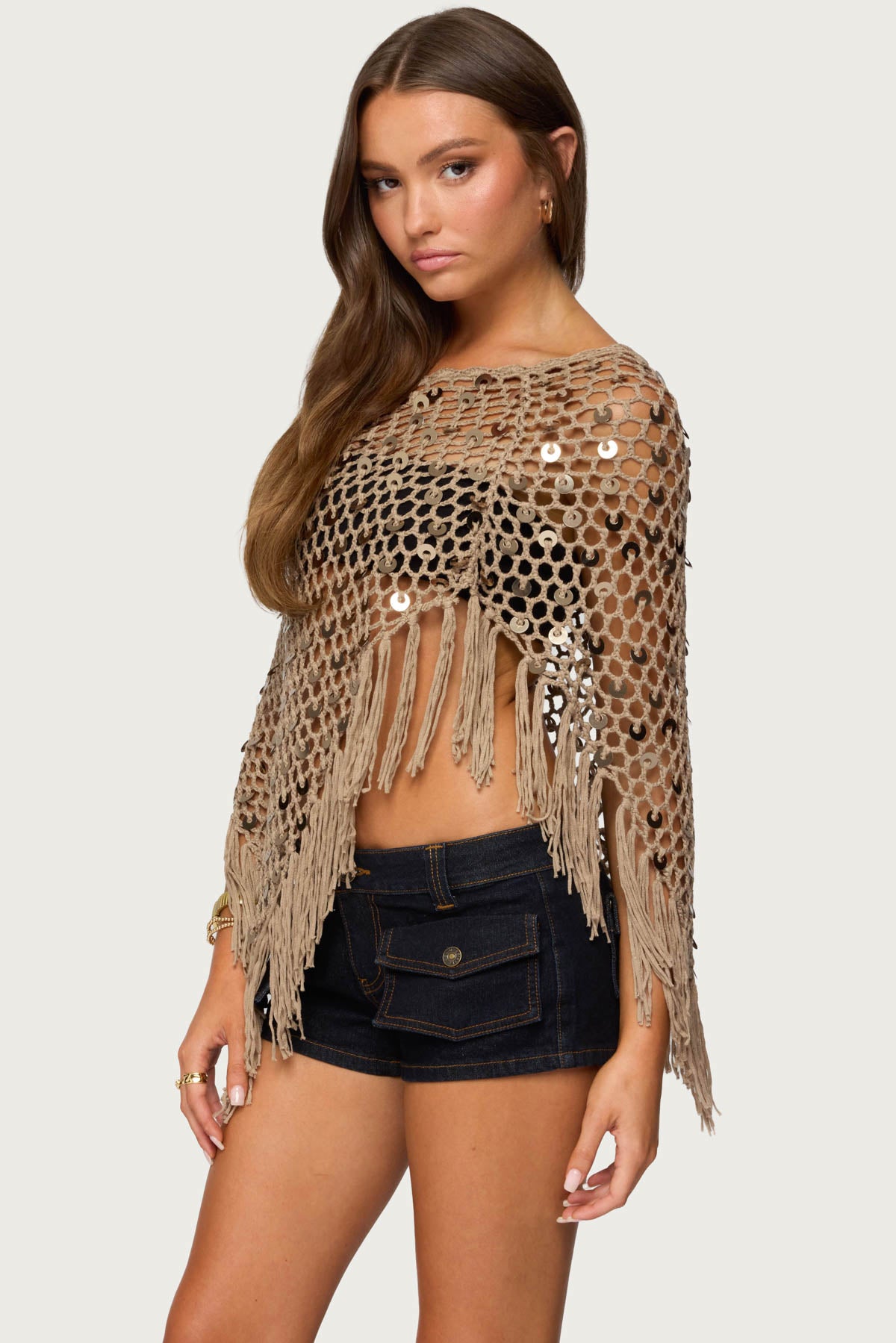 Fringe Sequin Crochet Poncho - Image 3