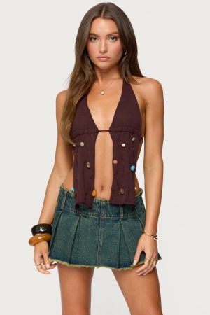 Beaded Distressed Knit Split Front Top