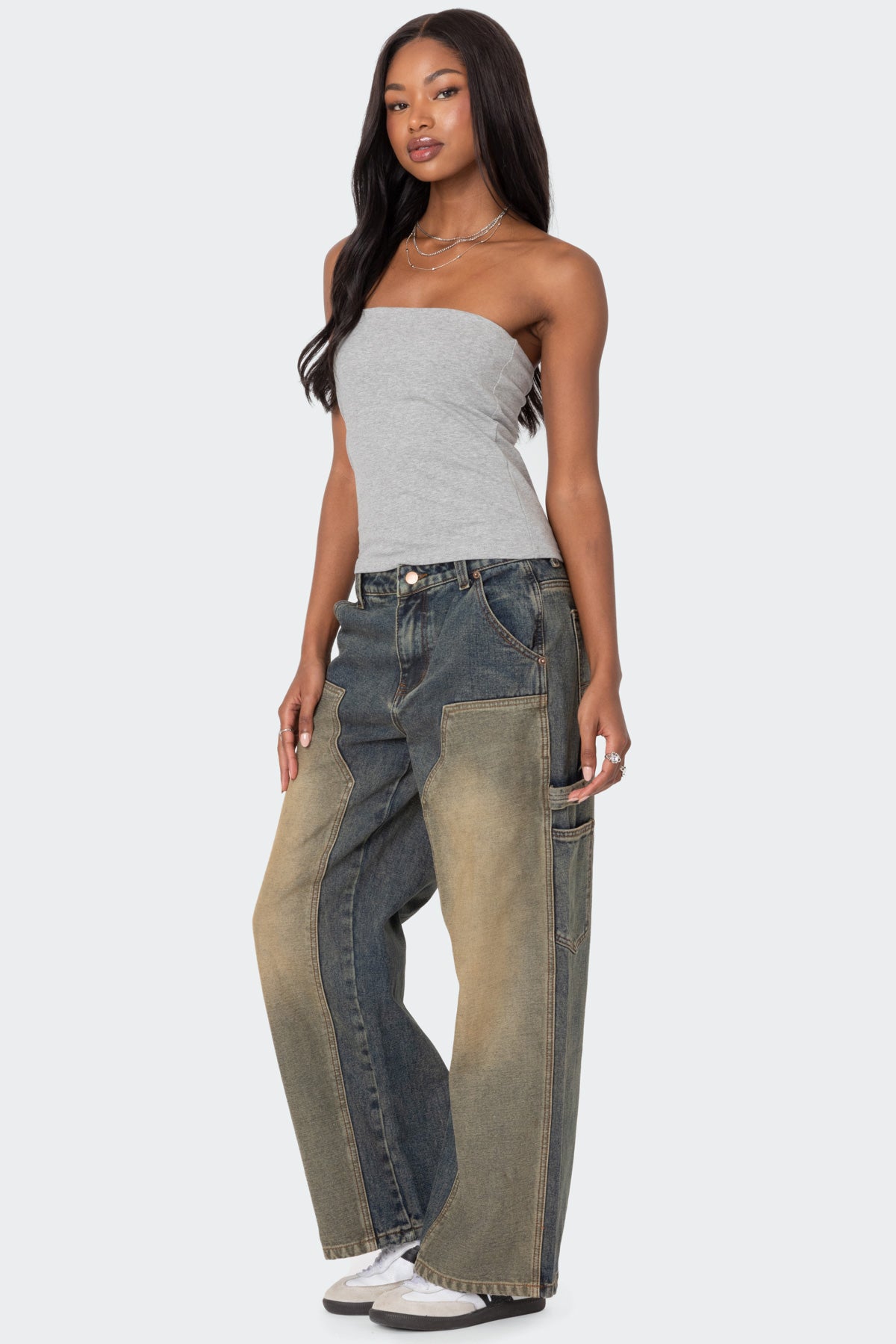 Contrast Panel Washed Mid Rise Baggy Jeans - Image 3
