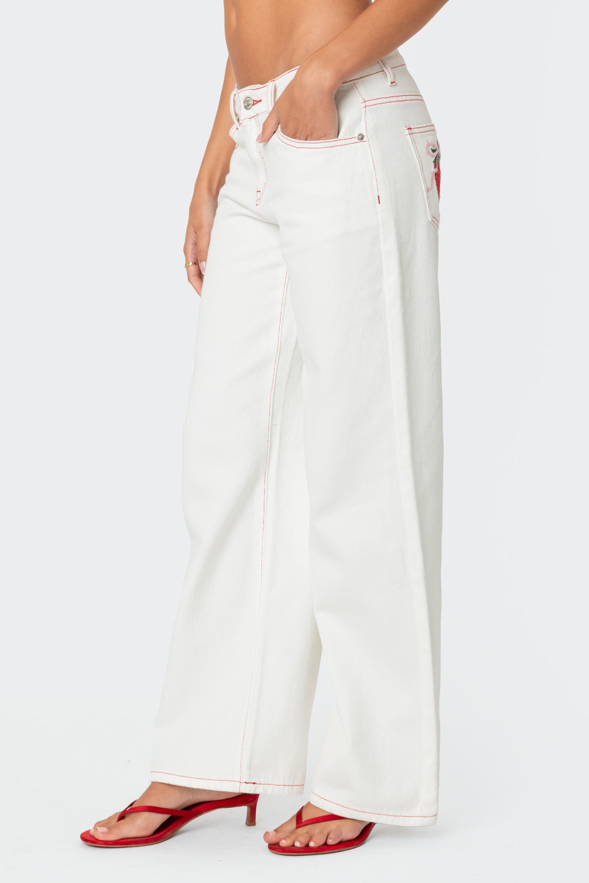 Strawberry Bow Pocket Low Rise Baggy Jeans - Image 5