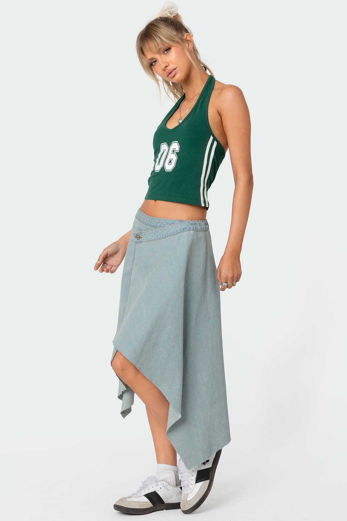 Asymmetric Wrapped Denim Midi Skirt - Image 4