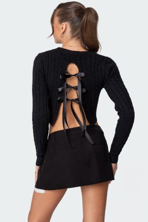 Bow Back Cropped Cable Knit Sweater