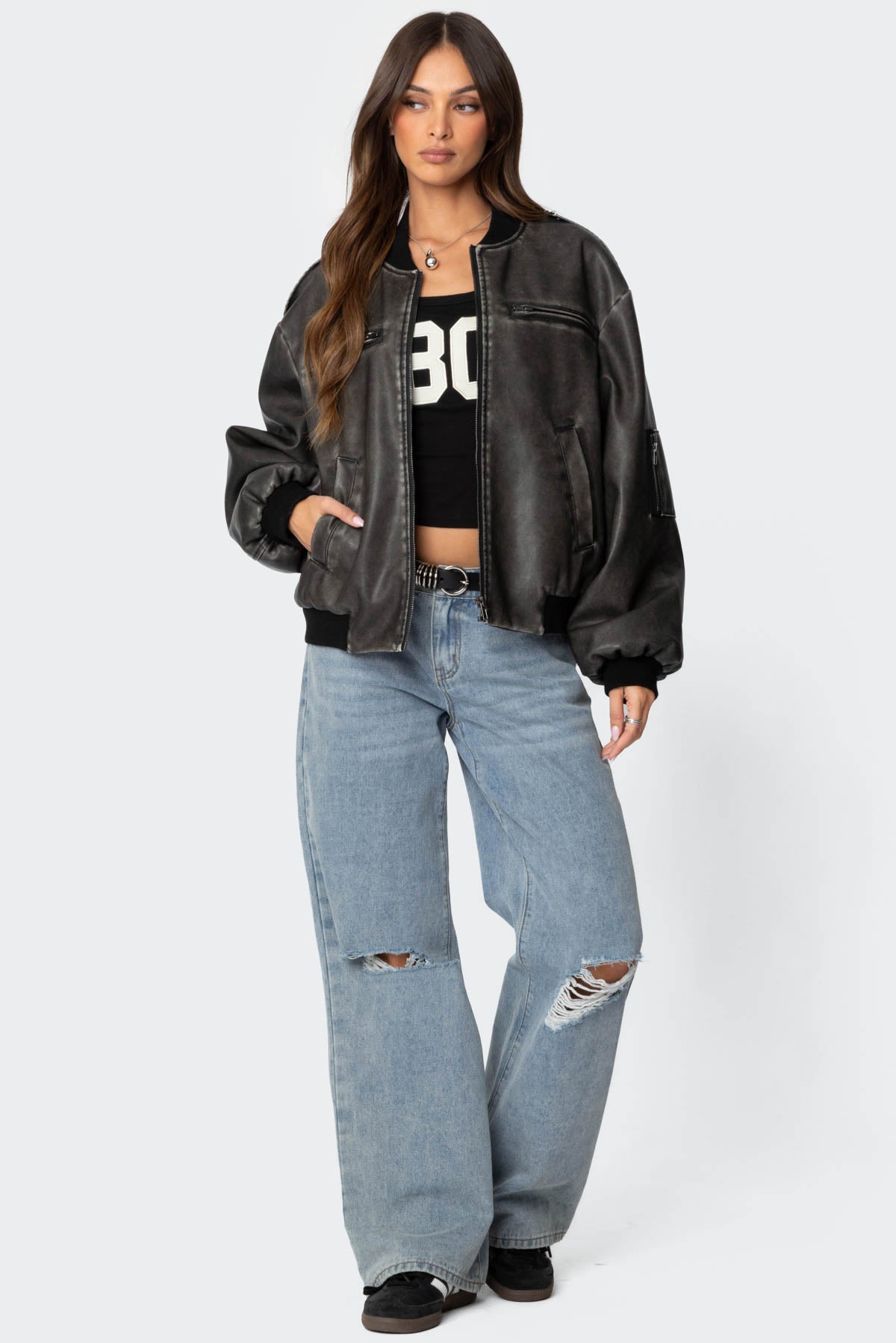 Vava Washed Faux Leather Bomber Jacket - Image 4