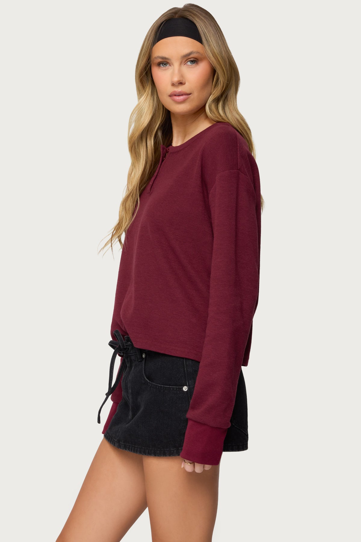 Deni Long Sleeve Henley Waffle Top - Image 3