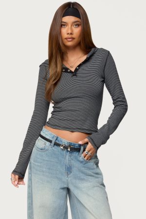 Damson Striped Hooded Henley Top
