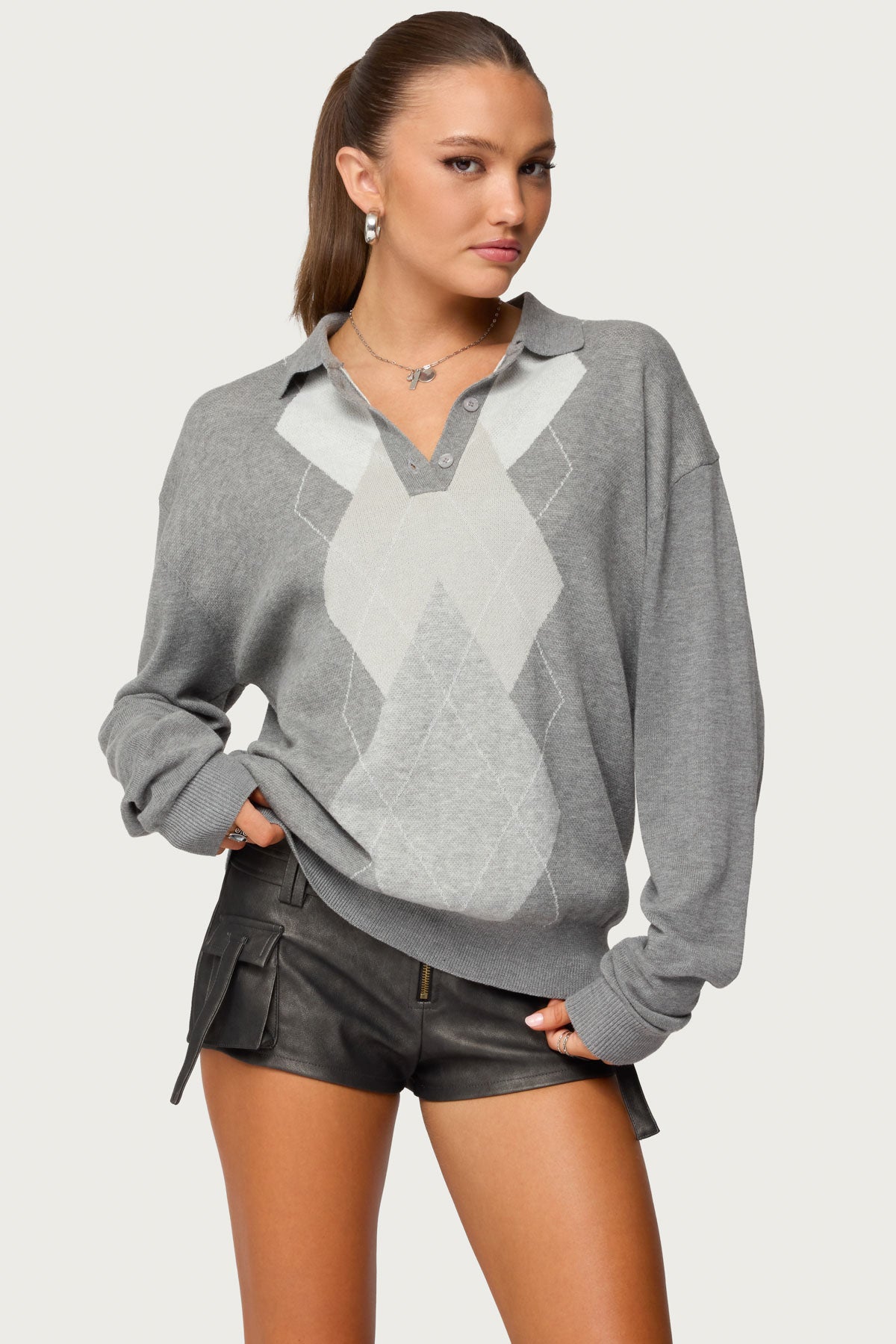 Kati Argyle Oversized Polo Sweater - Image 2