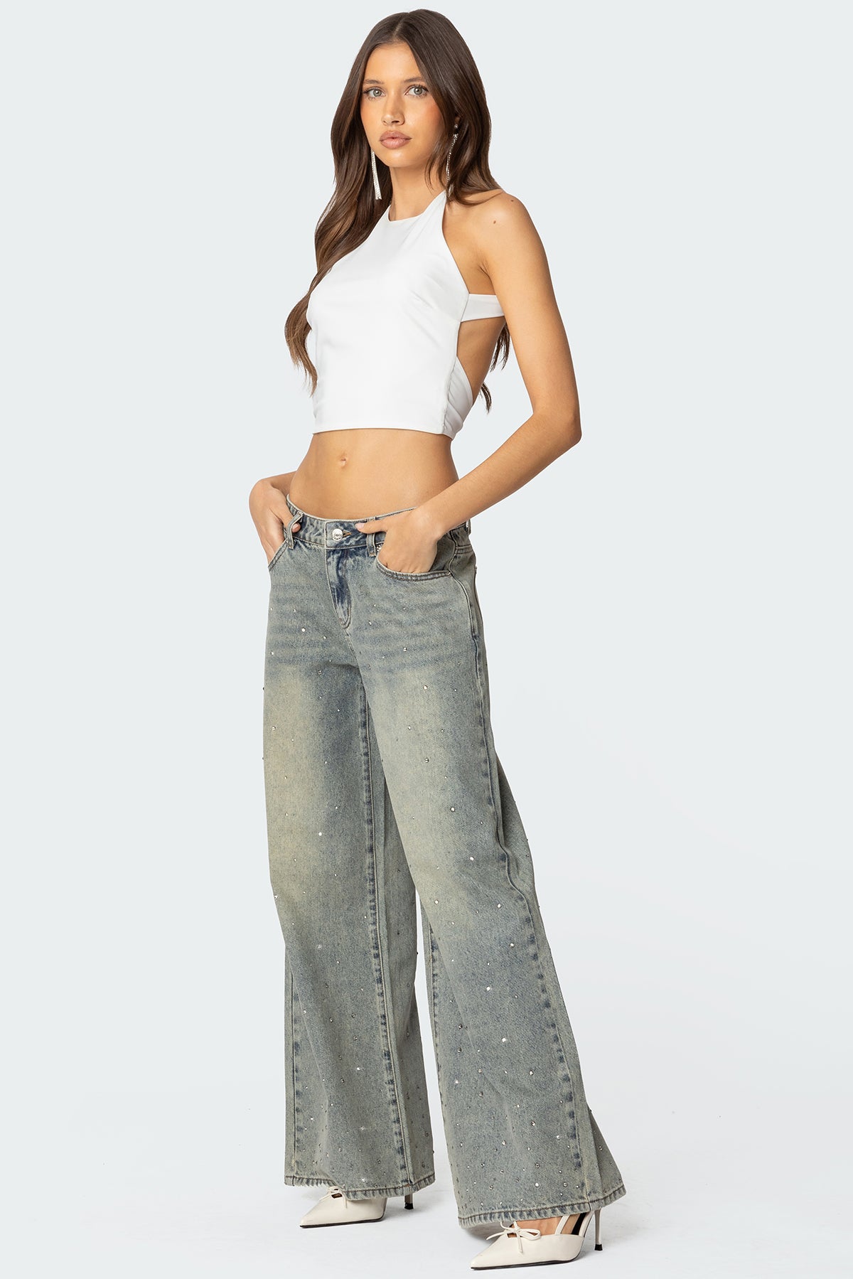 Rhinestone Washed Low Rise Baggy Jeans - Image 4