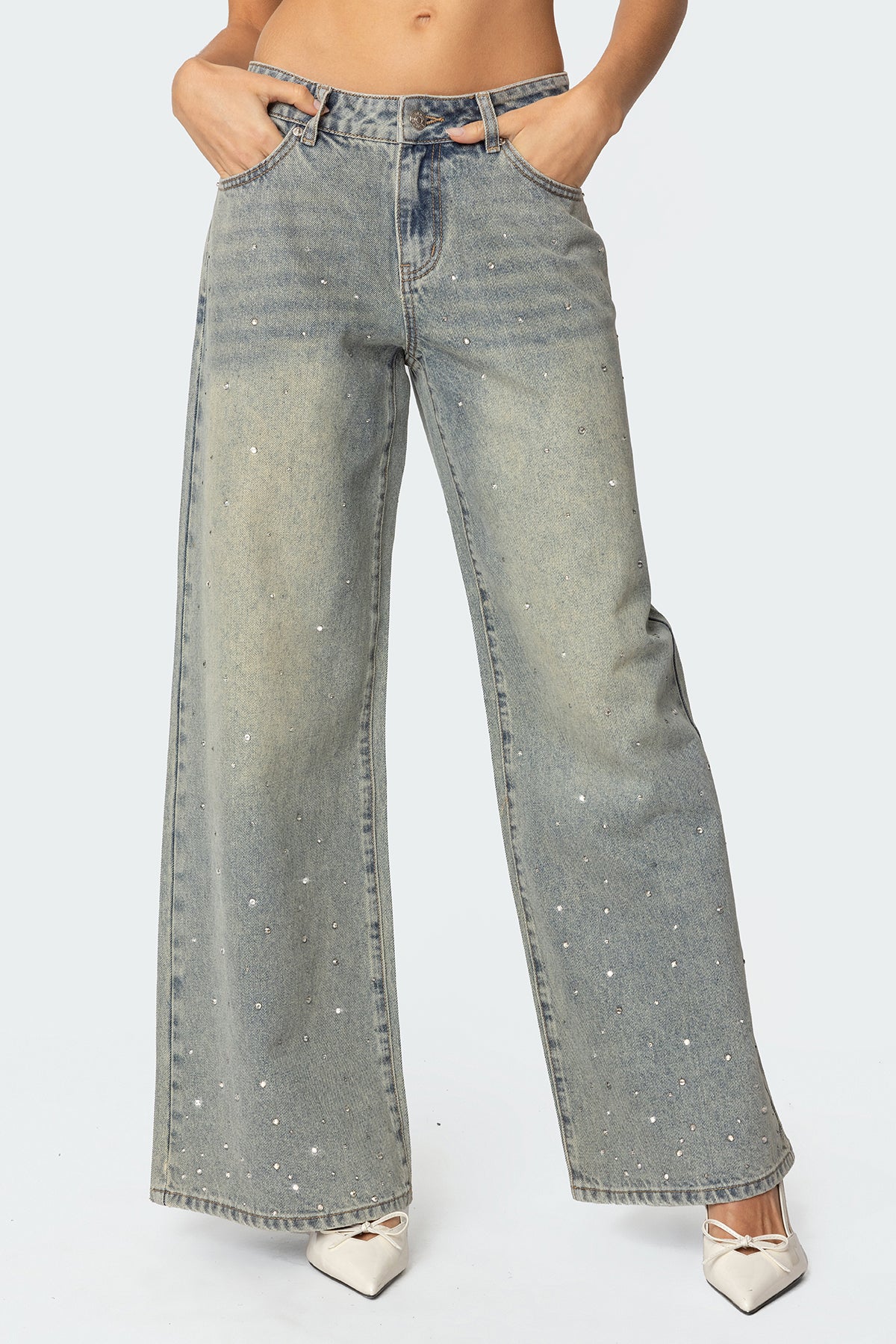 Rhinestone Washed Low Rise Baggy Jeans - Image 2