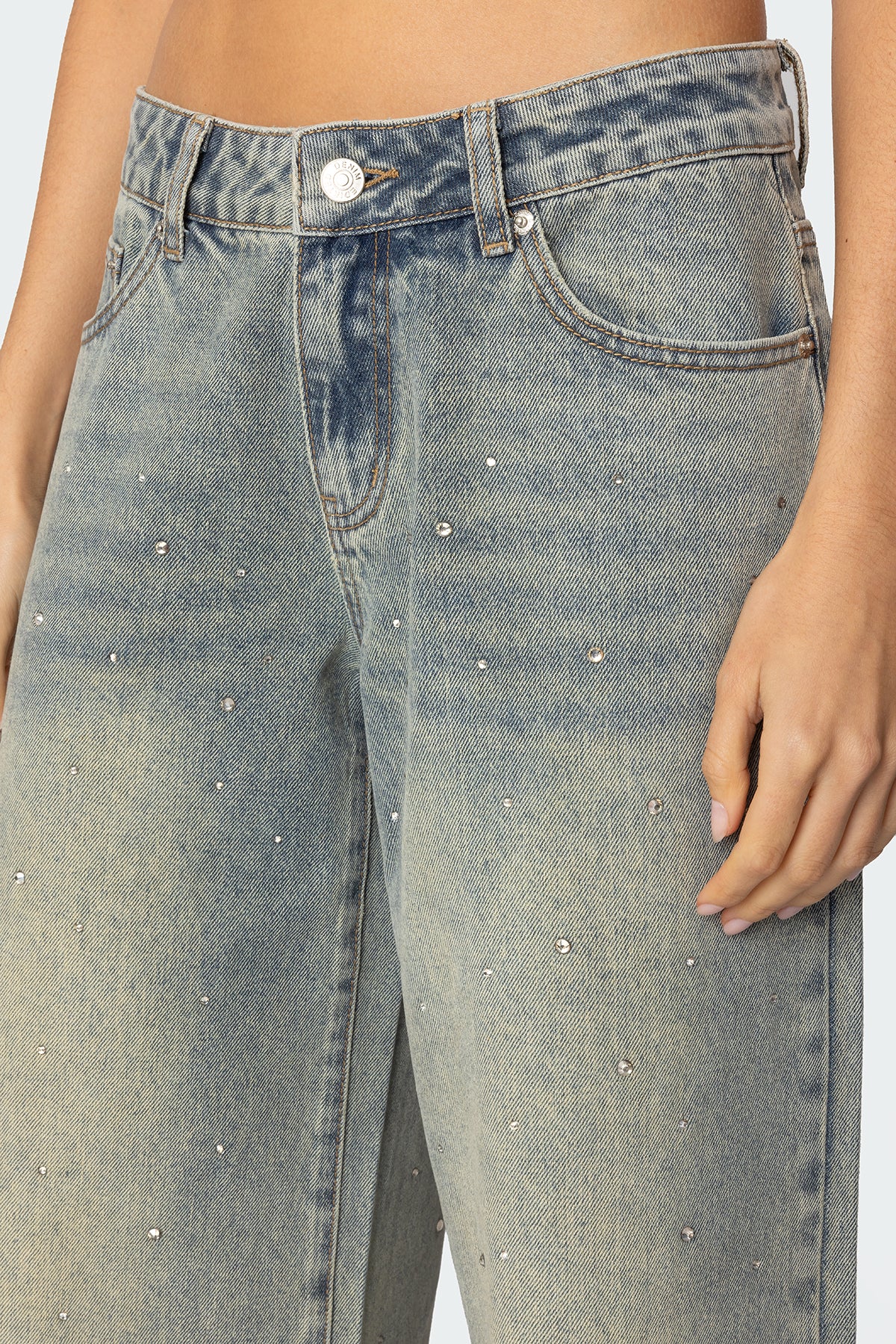 Rhinestone Washed Low Rise Baggy Jeans - Image 3