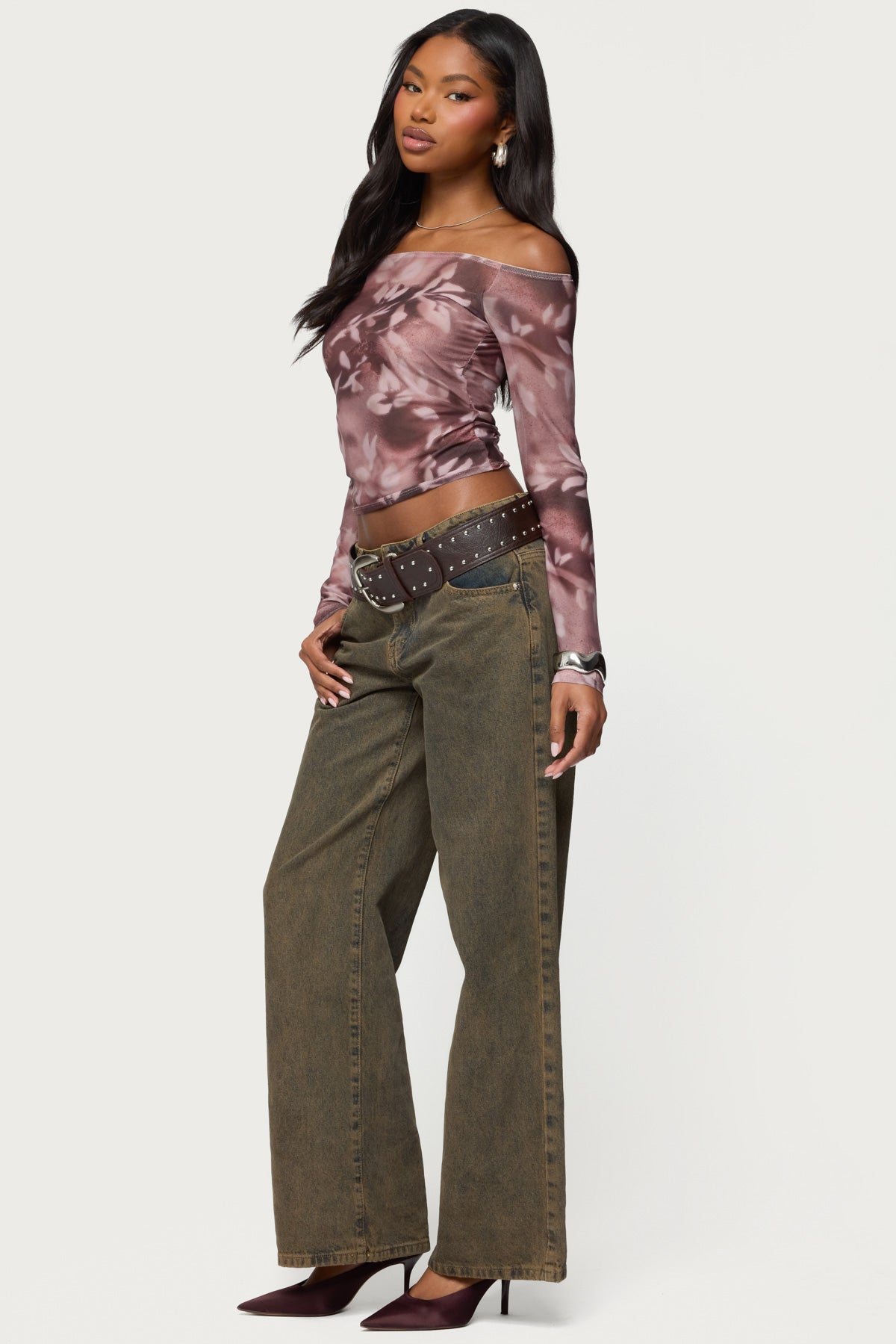 Off Shoulder Printed Sheer Mesh Top - Image 4
