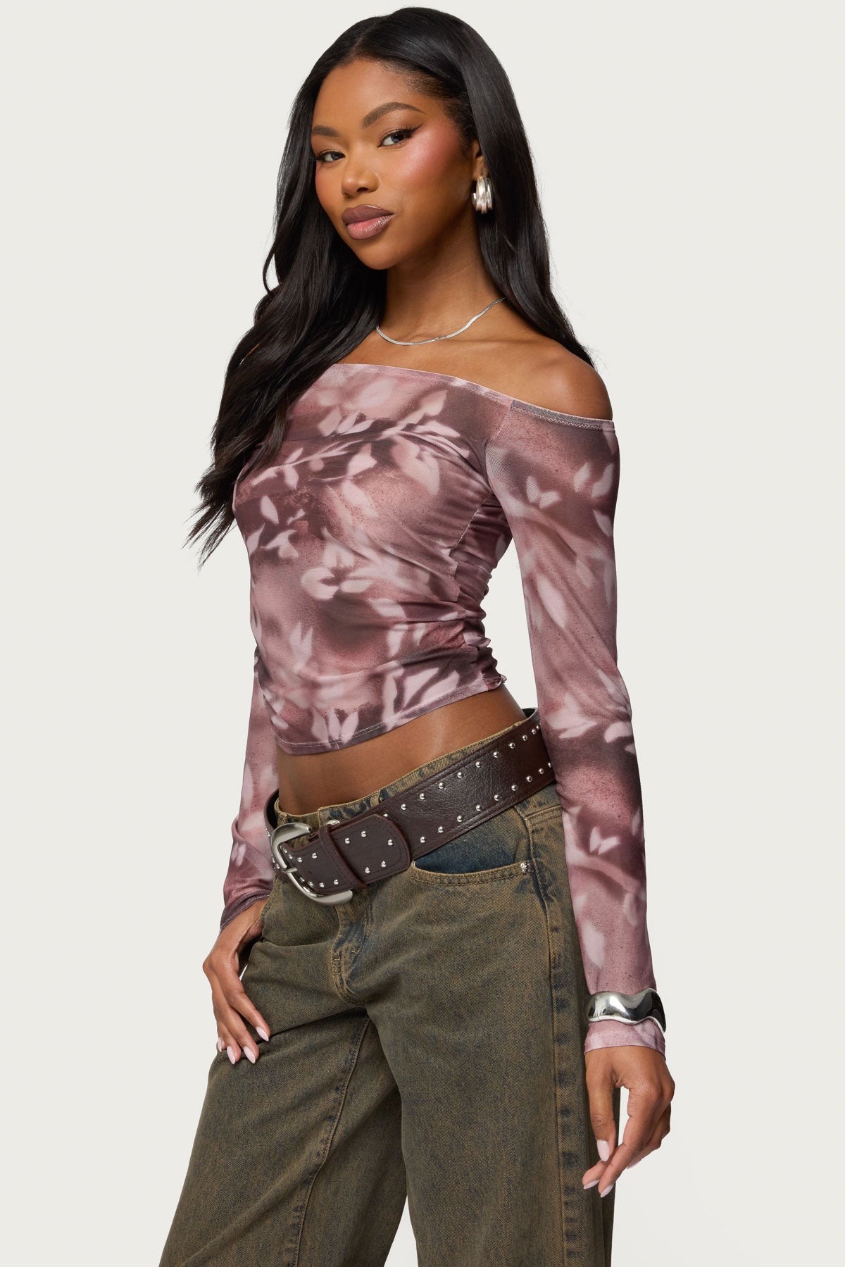 Off Shoulder Printed Sheer Mesh Top - Image 3