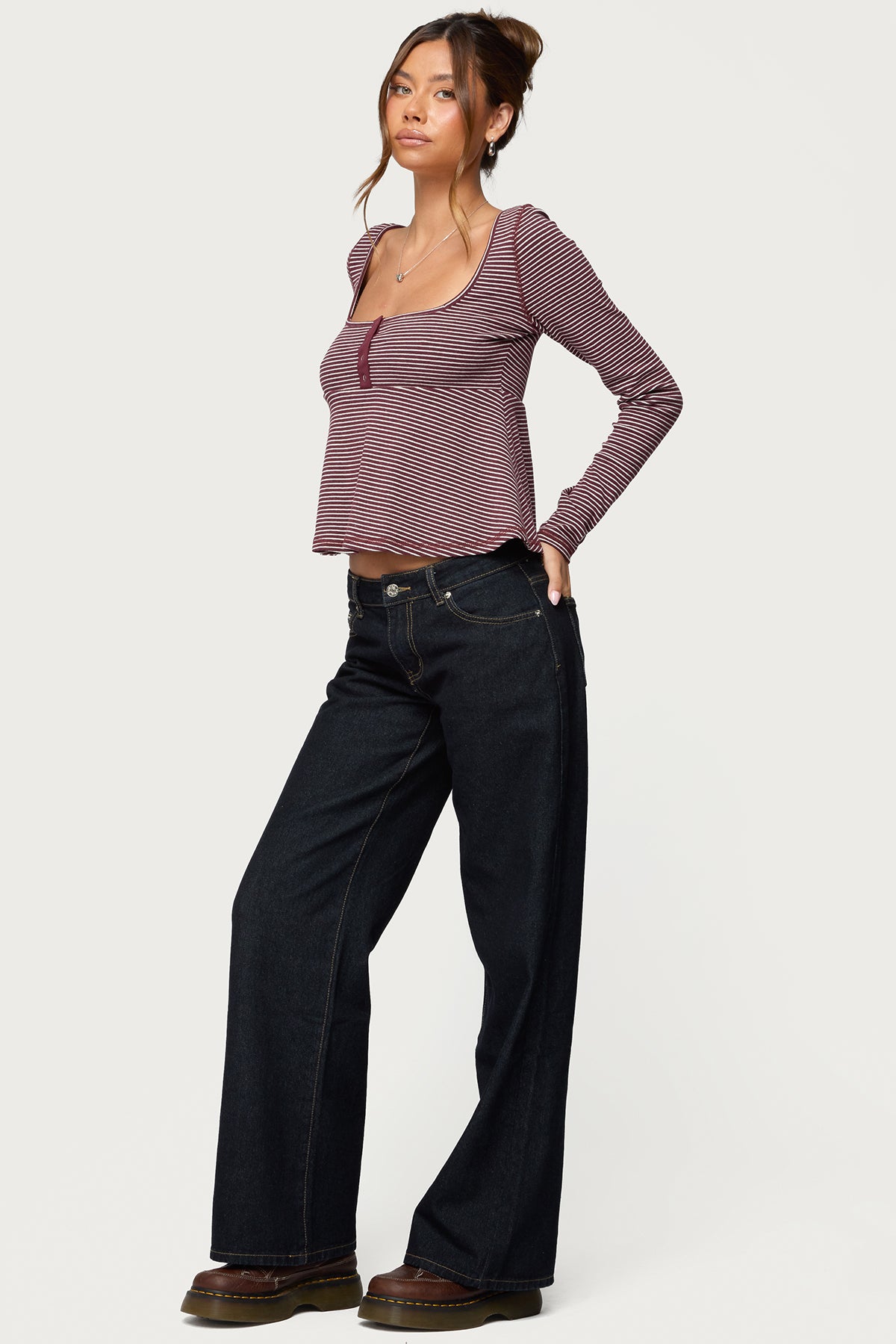 Sare Striped Babydoll Henley Top - Image 4
