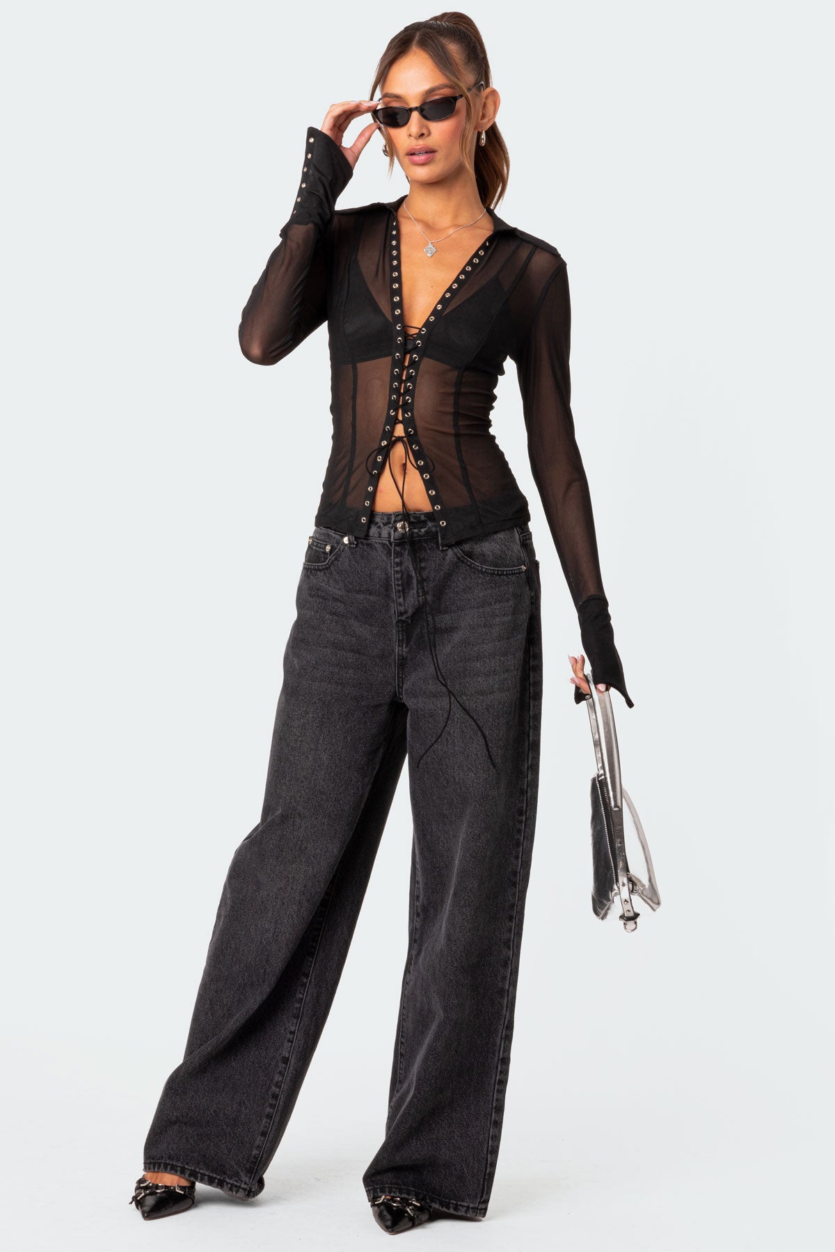Lace Up Sheer Mesh Top - Image 2