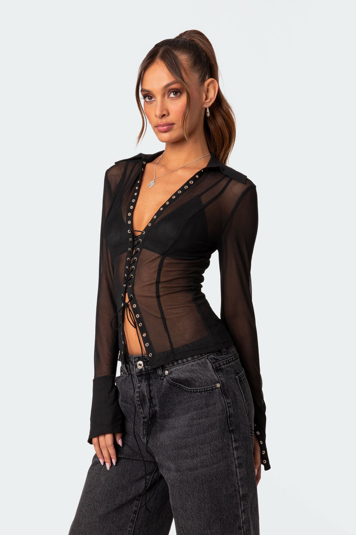 Lace Up Sheer Mesh Top - Image 3