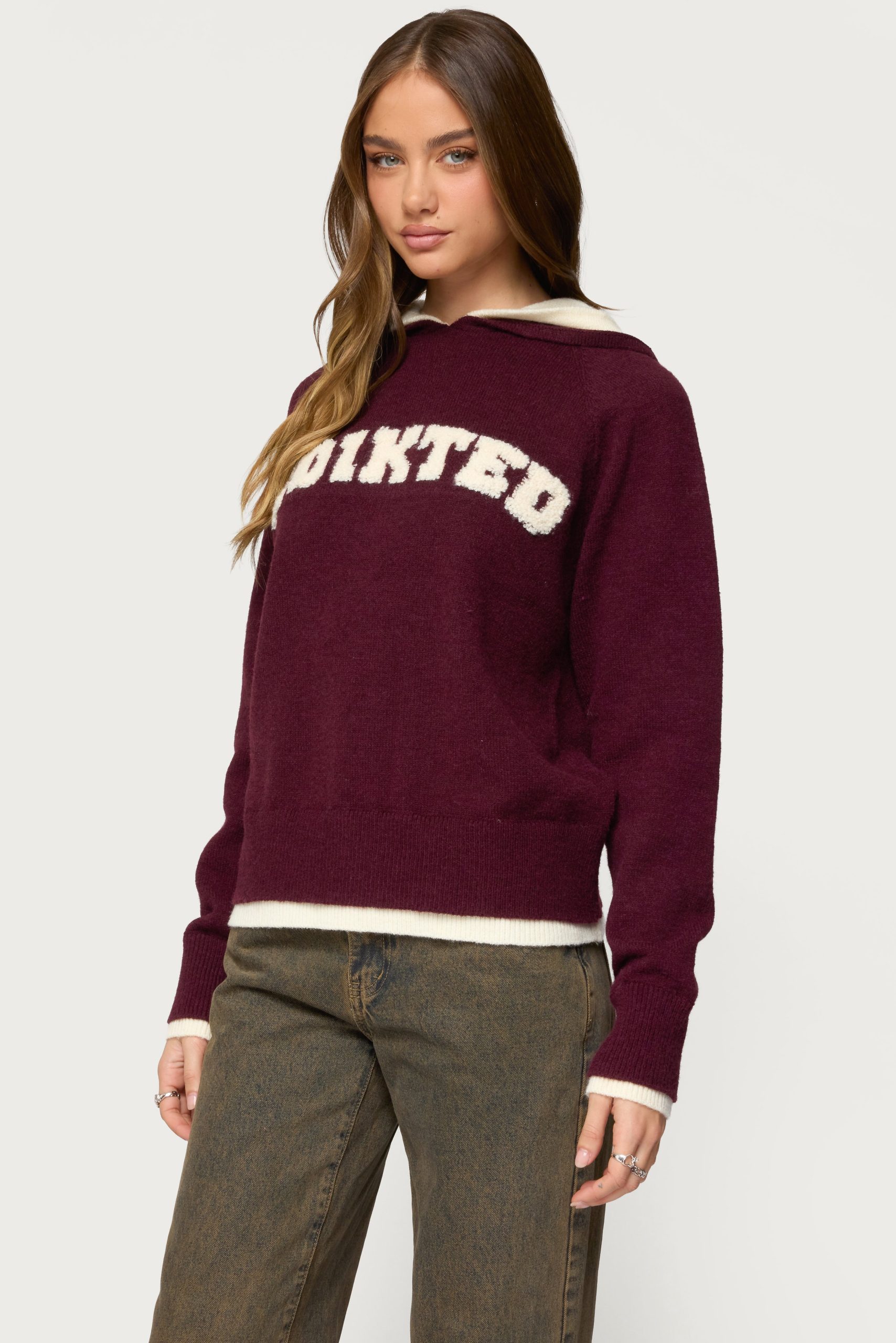 Edikted Varsity Contrast Layered Knit Hoodie - Image 3