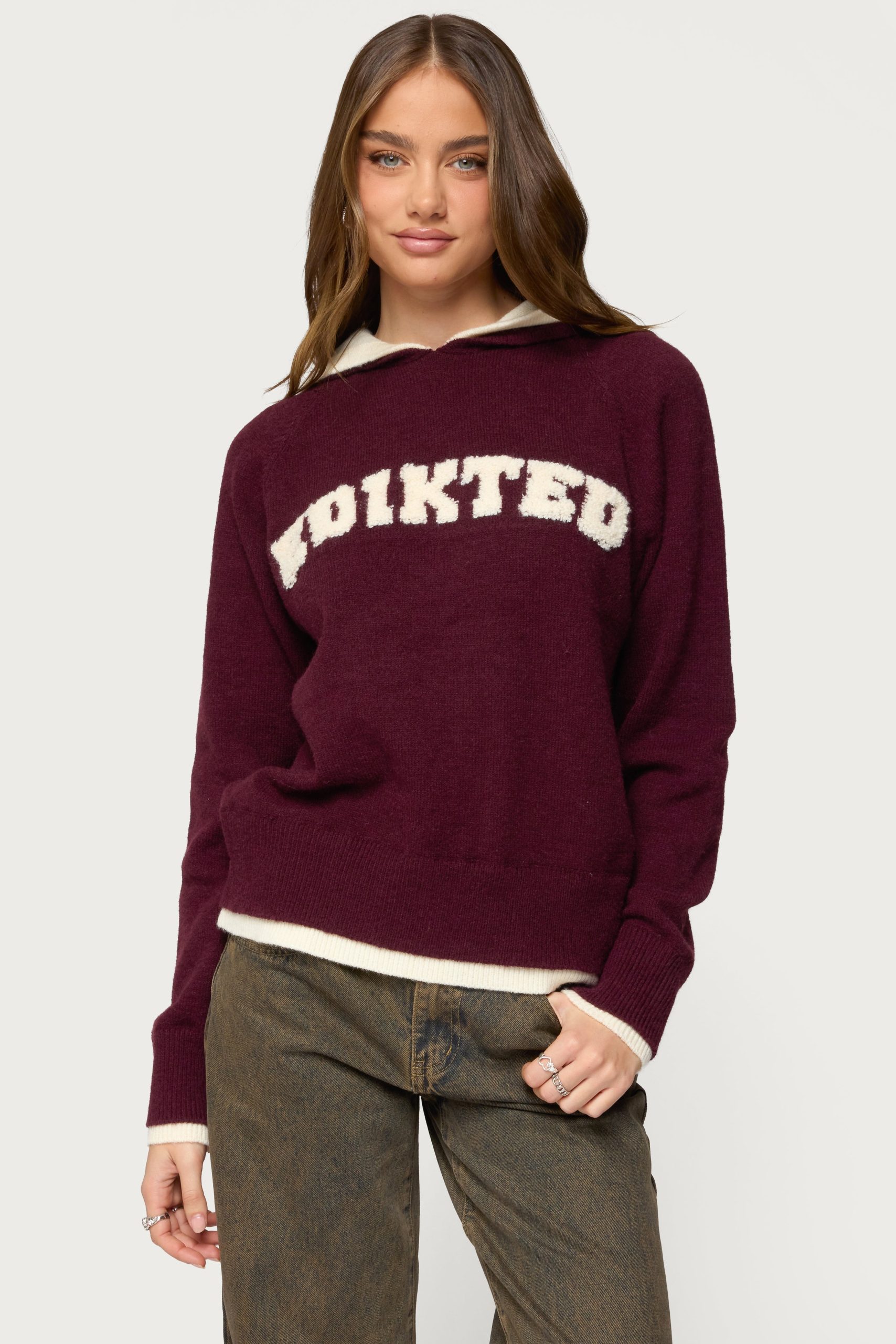 Edikted Varsity Contrast Layered Knit Hoodie - Image 2