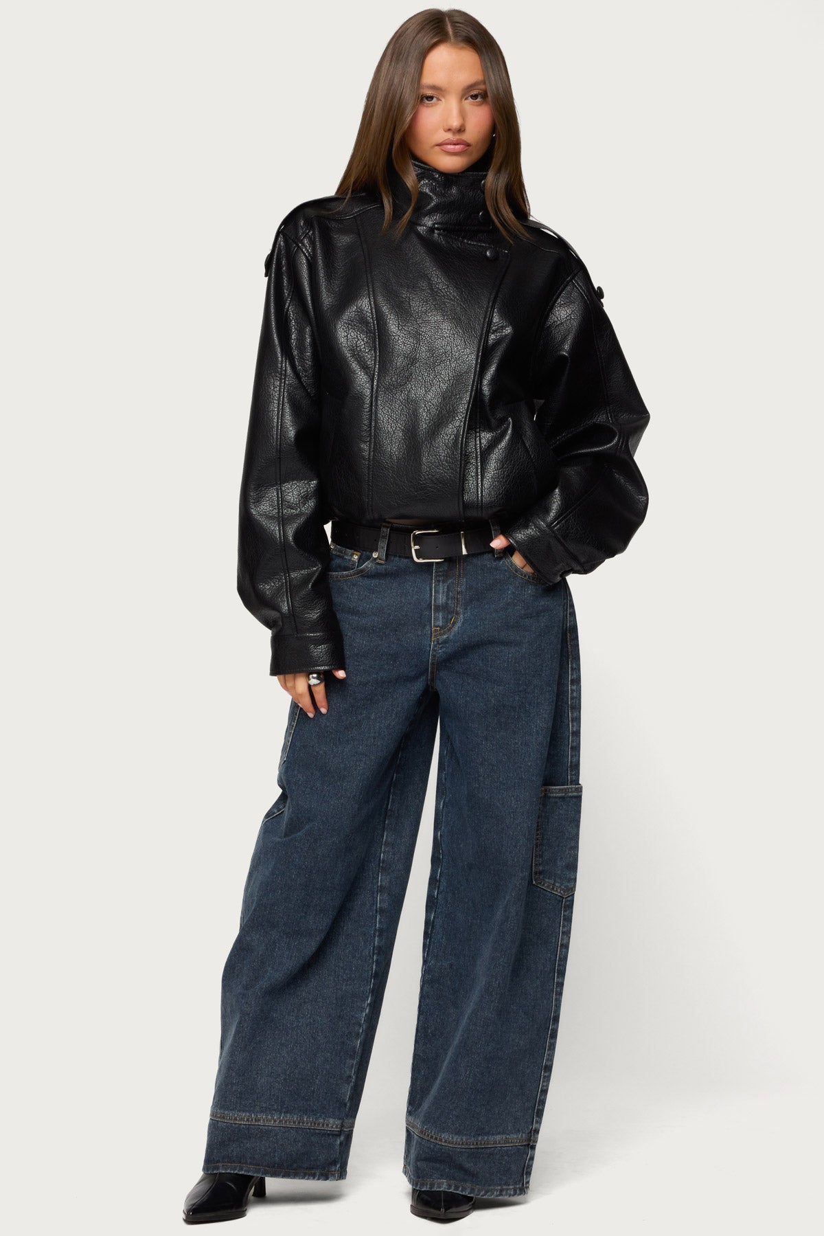 Jaicee High Neck Oversized Faux Leather Jacket - Image 5