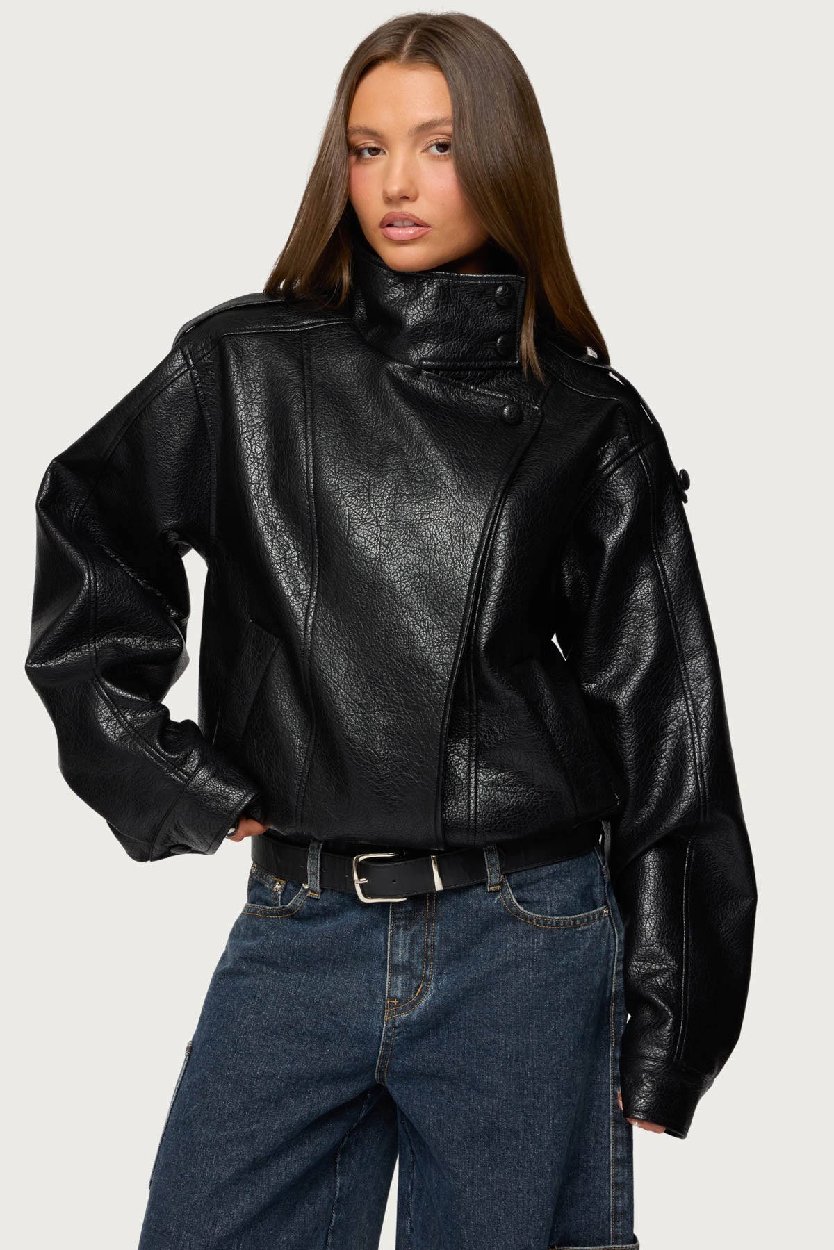 Jaicee High Neck Oversized Faux Leather Jacket - Image 2