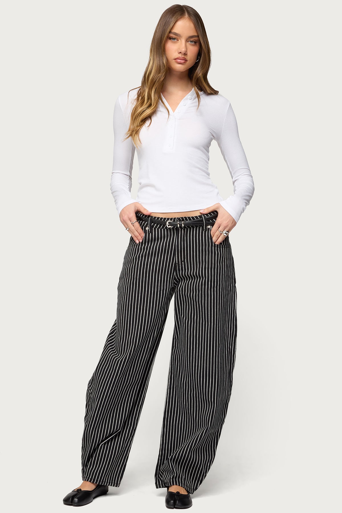 Pinstripe Low Rise Barrel Leg Jeans - Image 5