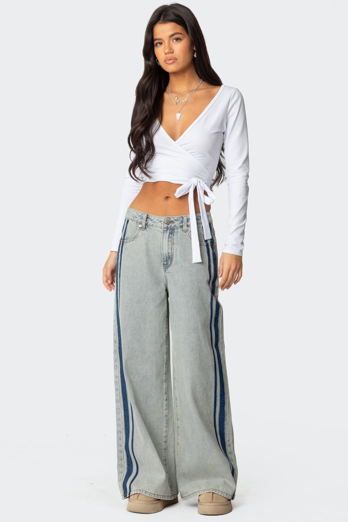 Side Stripe Washed Low Rise Baggy Jeans