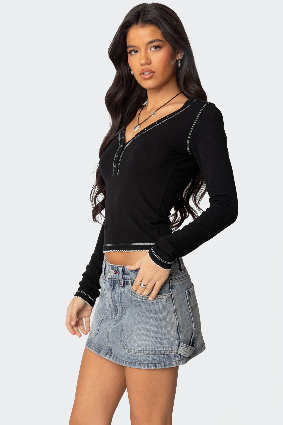 Yael Contrast Stitch Henley Top - Image 3