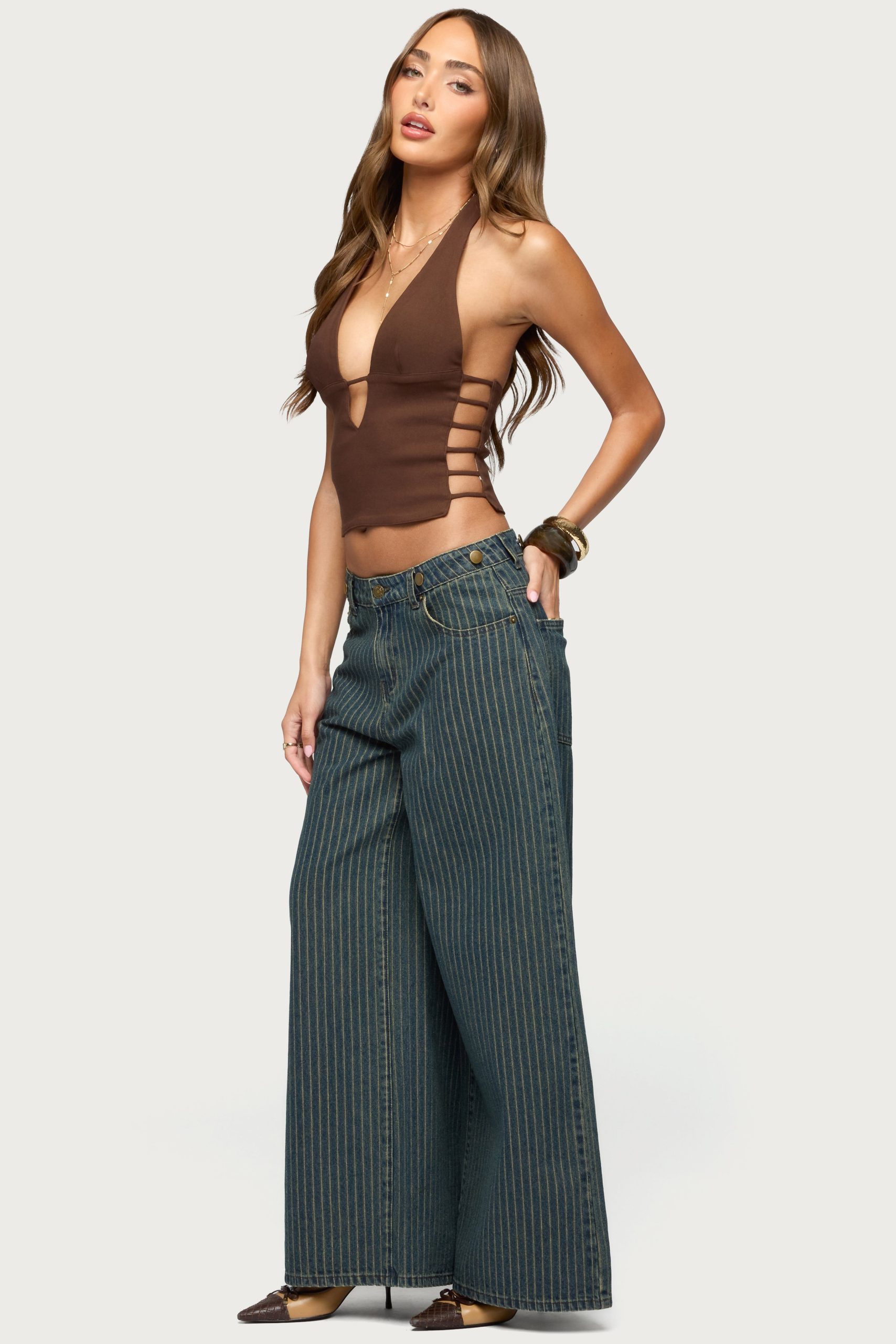 Button Pinstripe Low Rise Baggy Jeans - Image 5