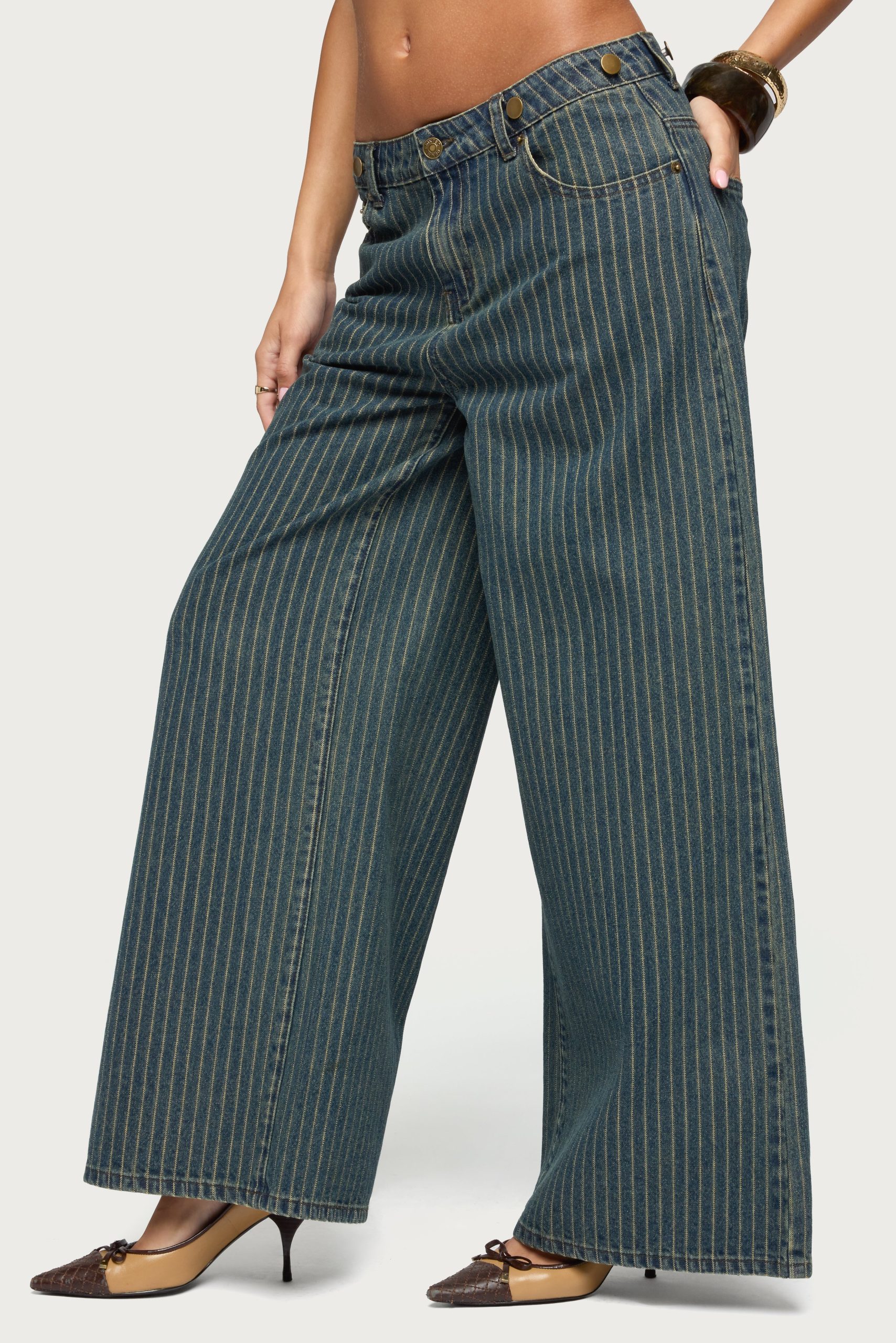 Button Pinstripe Low Rise Baggy Jeans - Image 3