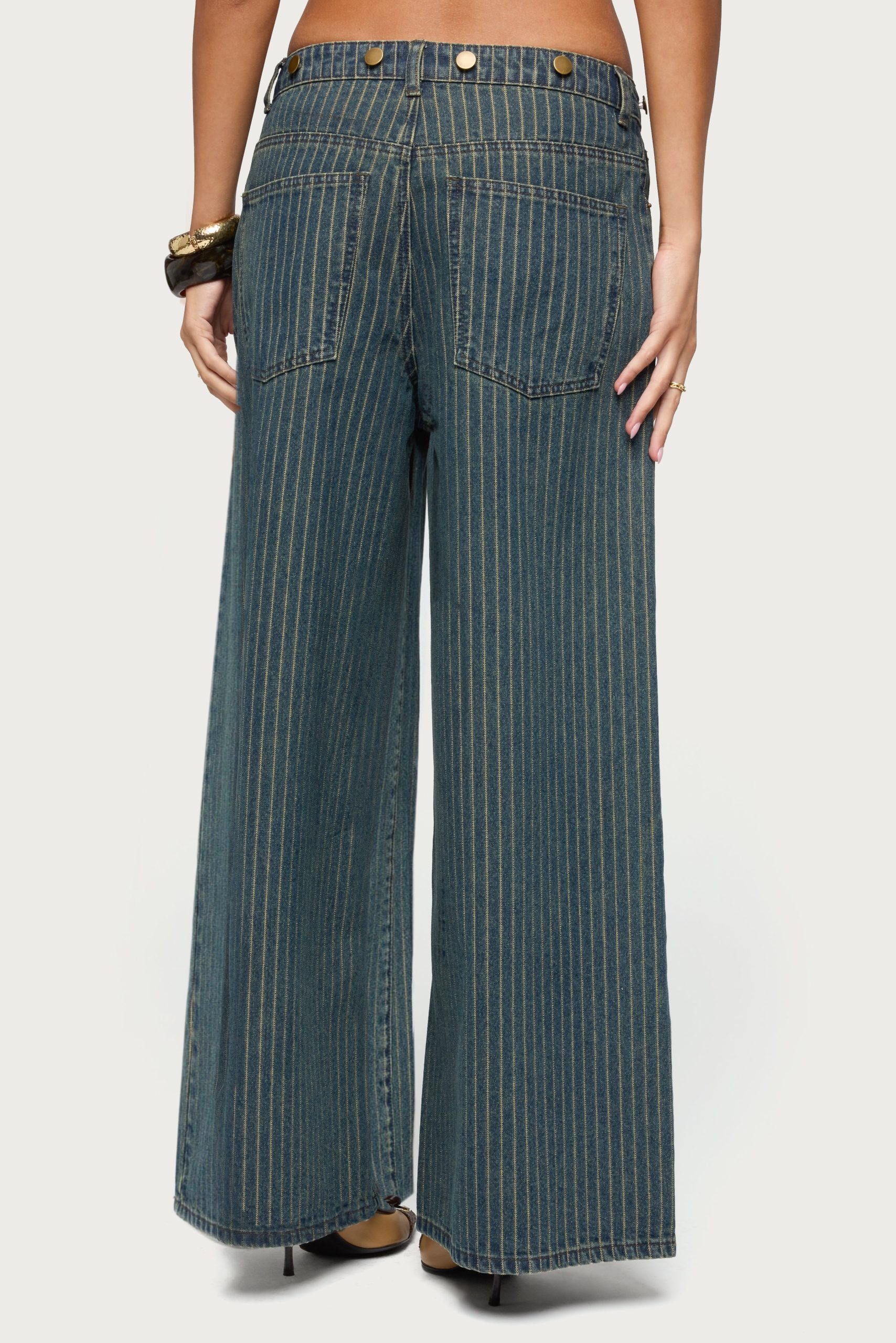Button Pinstripe Low Rise Baggy Jeans - Image 4