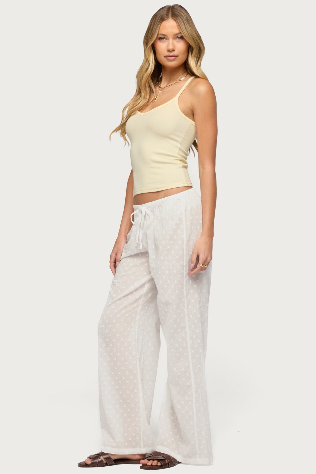 Embroidered Polka Dot Sheer Cotton Pants - Image 3