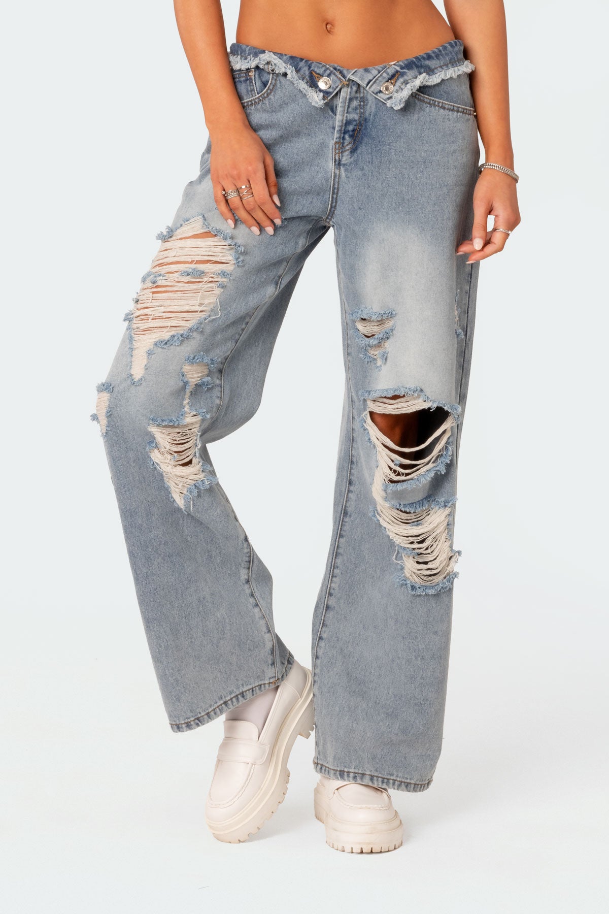 Distressed Fold Over Low Rise Wide Leg Jeans - Image 3