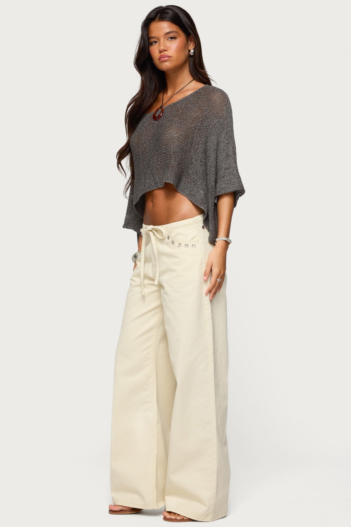 Grommet Tie Waist Low Rise Baggy Jeans - Image 4