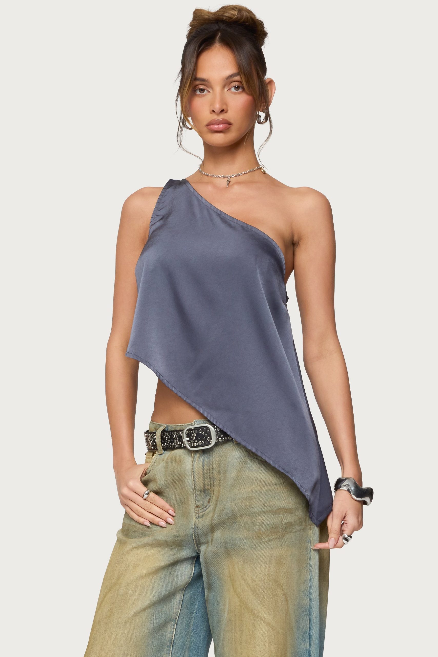 Asymmetric Satin Effect One Shoulder Top - Image 3