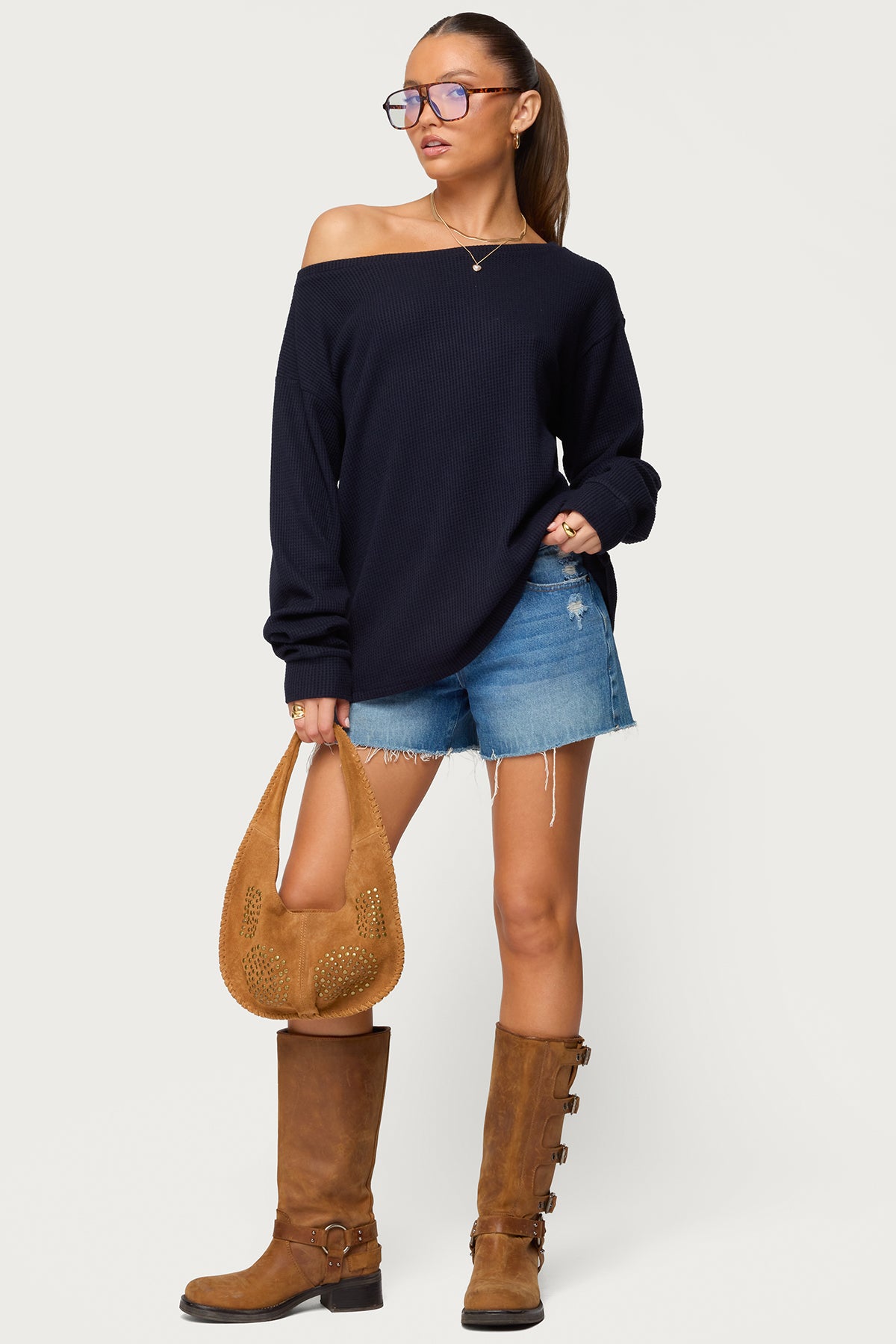 Damari Off Shoulder Oversized Waffle Top - Image 2