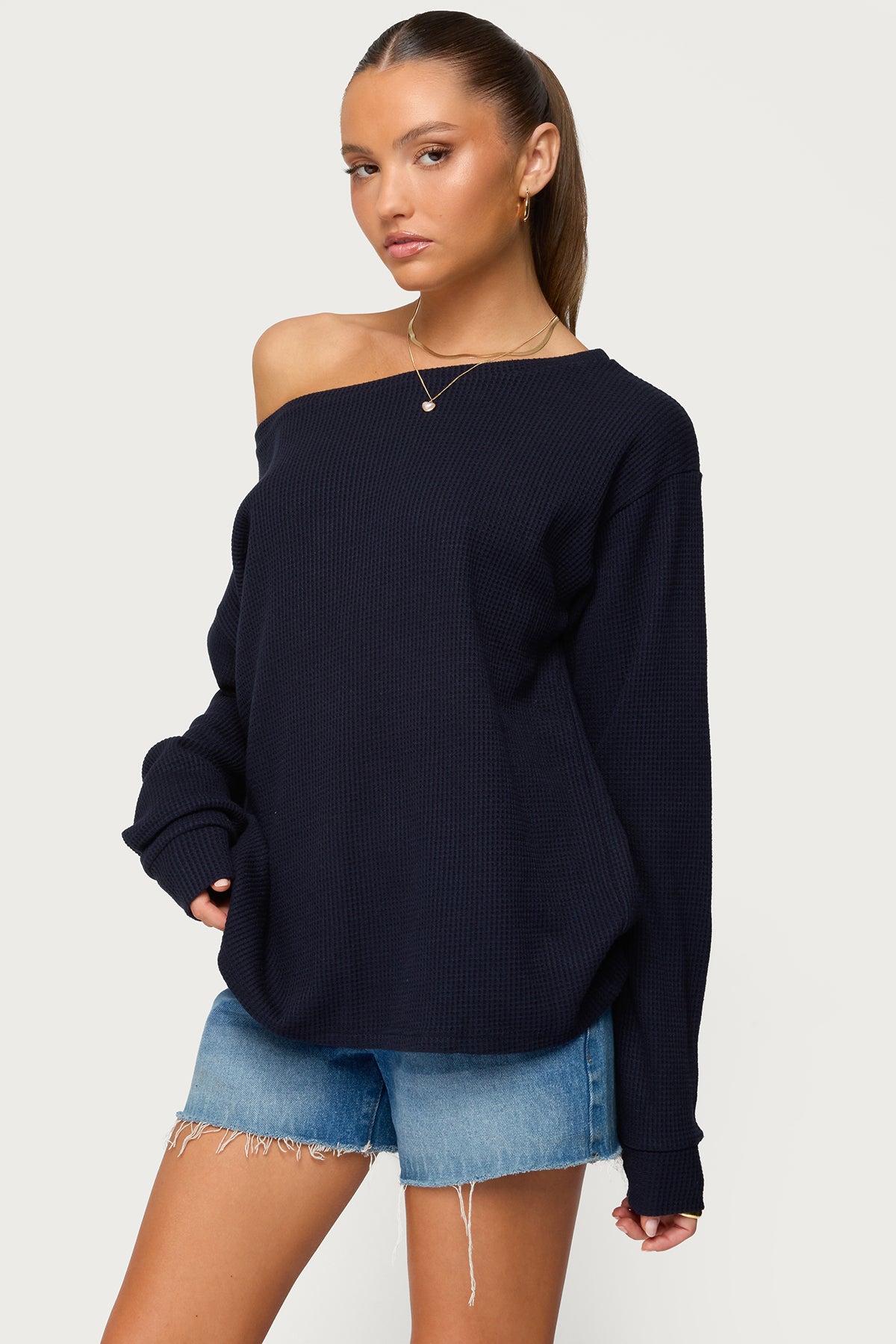 Damari Off Shoulder Oversized Waffle Top - Image 3