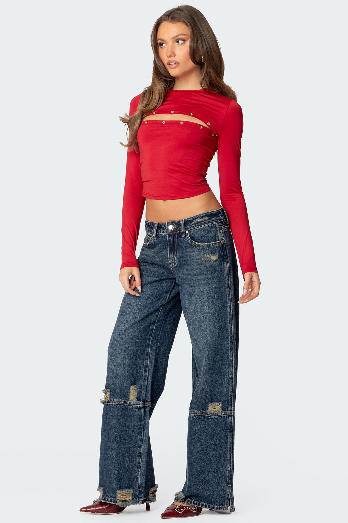 Slitted Distressed Low Rise Baggy Jeans - Image 3