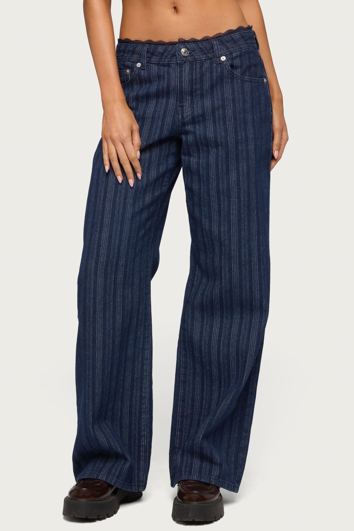 Lace Trim Striped Low Rise Baggy Jeans - Image 2