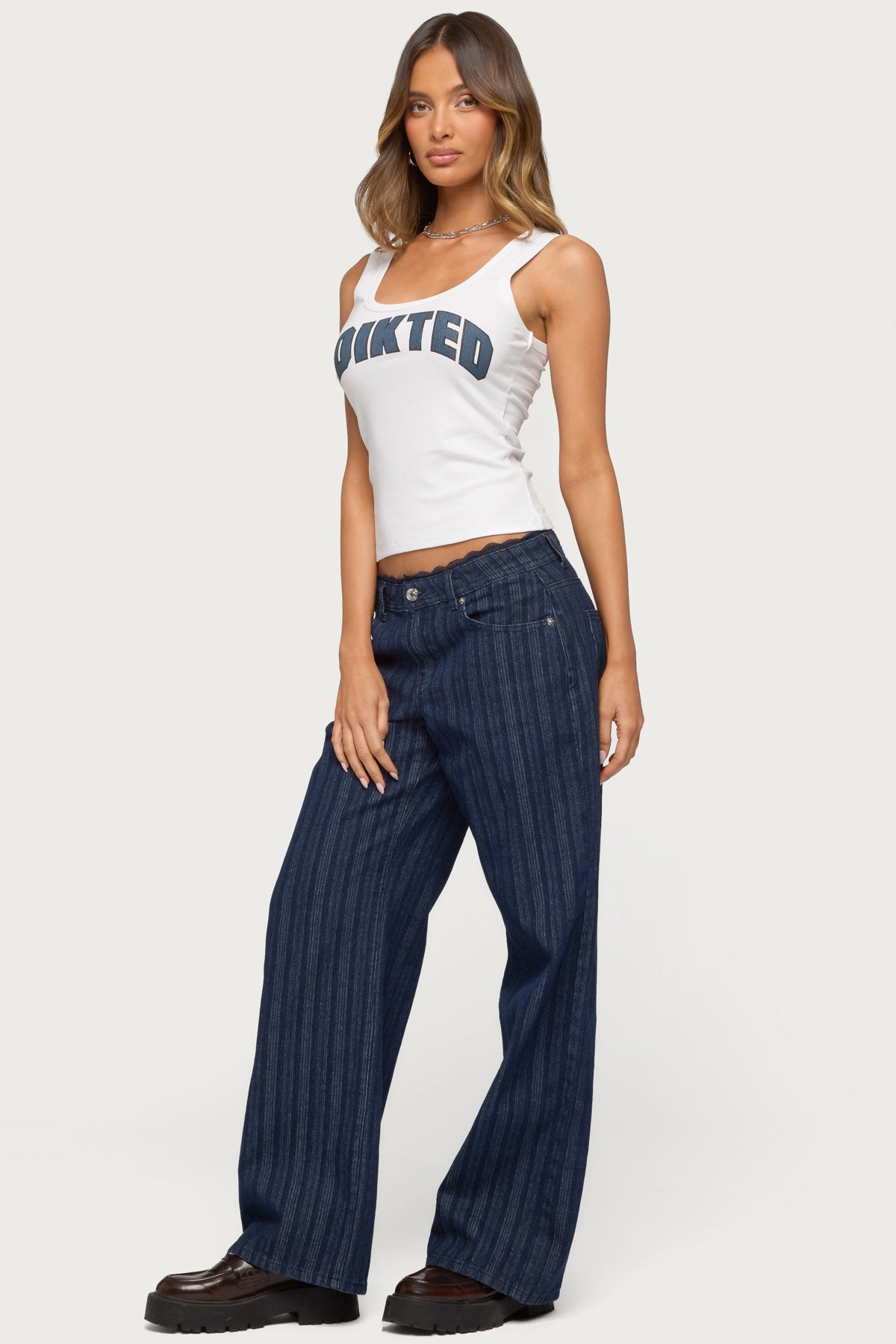 Lace Trim Striped Low Rise Baggy Jeans - Image 3