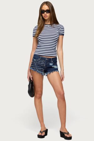 Studded & Distressed Low Rise Denim Shorts