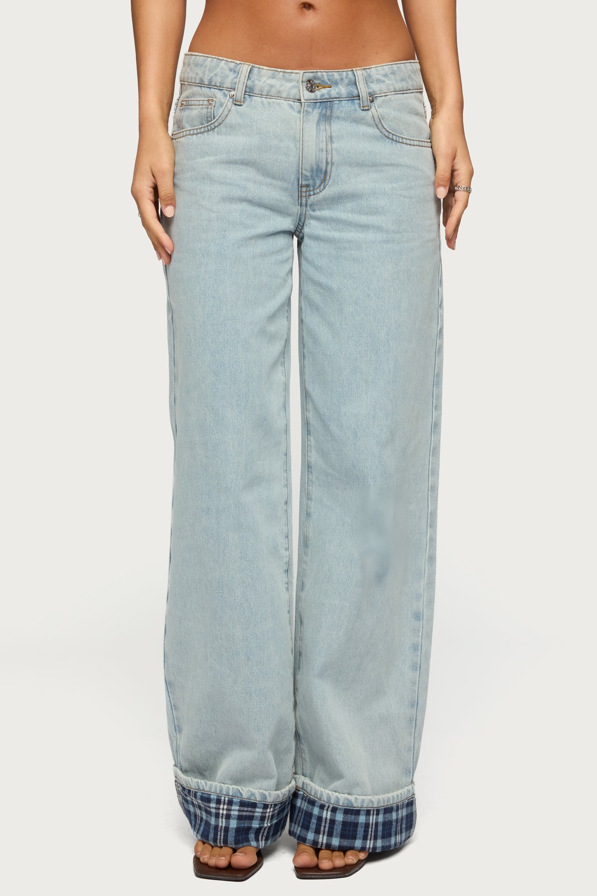 Plaid Cuffed Low Rise Baggy Jeans - Image 2