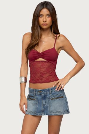 Damarie Cutout Ruched Sheer Lace Top
