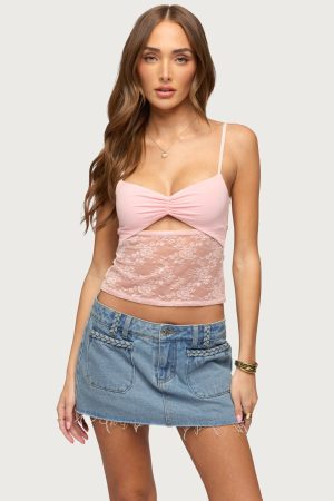 Damarie Cutout Ruched Sheer Lace Top