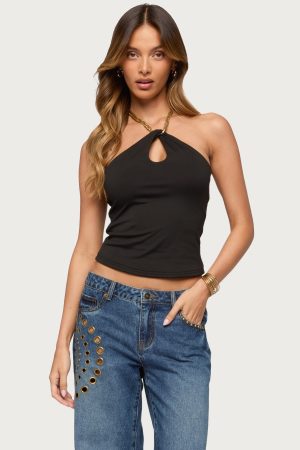 Alizie Beaded Chain Keyhole Halter Top