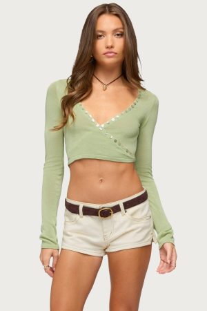 Hyla Button Cropped Knit Wrap Top