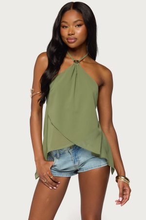 Chiffon Split Open Back Halter Top