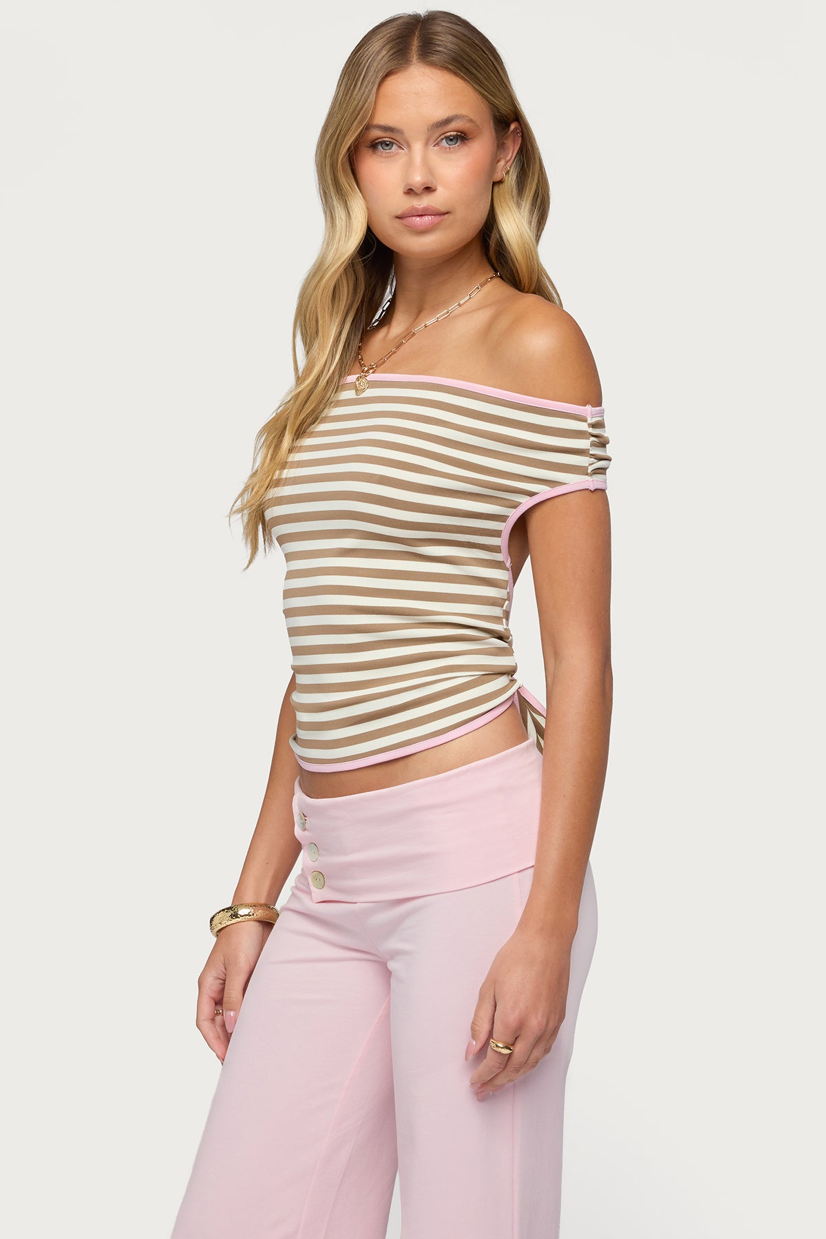 Zory Striped Backless Off Shoulder Top - Image 3